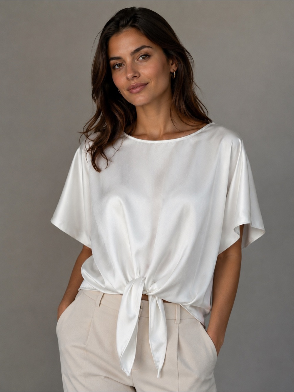 Bar III Cream Satin Tie-Front Blouse